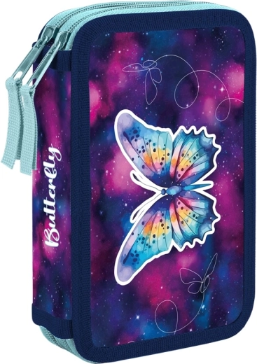 Trousse scolaire à deux étages avec motif papillon, vide