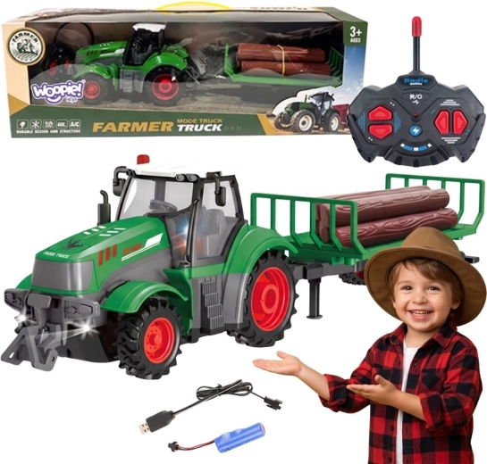 Tracteur radiocommandé Woopie avec remorque à bois à l’échelle 1:24