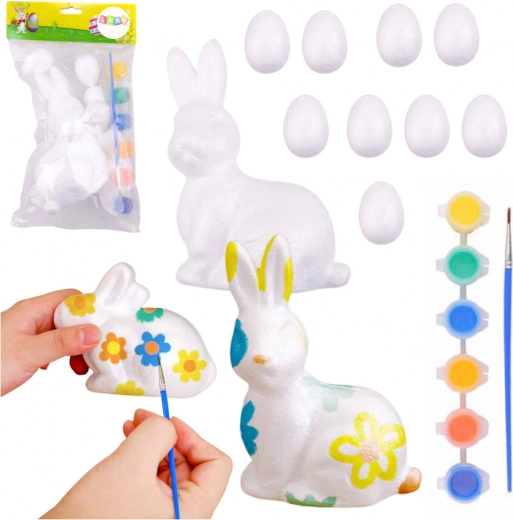 Coffret de Pâques œufs en polystyrène et figurine de lapin avec peintures