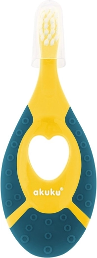Akuku première brosse à dents avec anneau de dentition en silicone vert-jaune