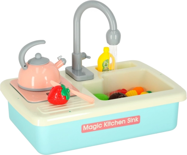 Évier de cuisine pour enfants avec véritable eau courante – set bleu avec accessoires