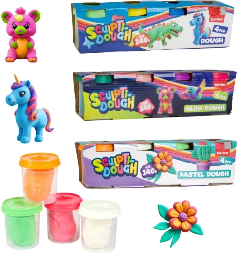 Pâte à modeler 4×140 g en pot – classique, pastel ou phosphorescente