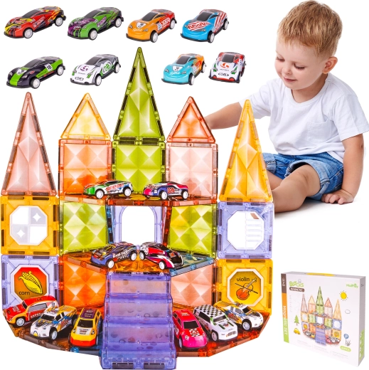 Jeu de construction magnétique avec petites voitures, 62 pièces