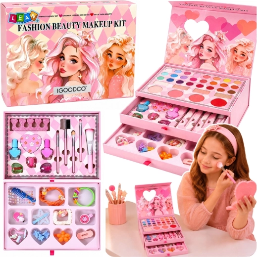 Valisette de maquillage rose pour enfants – kit de maquillage avec miroir et tiroirs