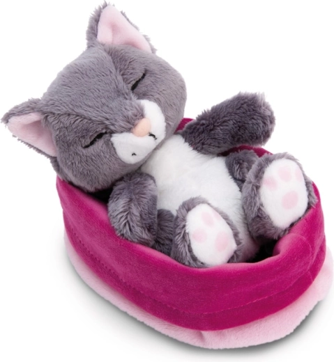 NICI Sleeping Pets peluche chat gris dans un petit panier rose 12 cm