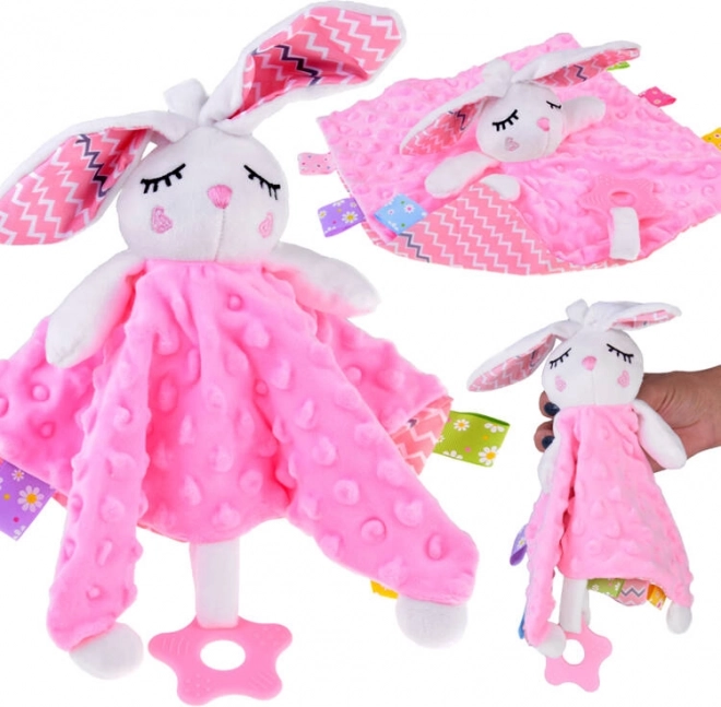 Doudou câlin lapin Plenková avec étiquettes et anneau de dentition pour bébés – Rose