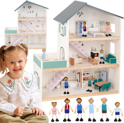 Maison de poupée en bois avec figurines TOOKY TOY, 3 étages, FSC