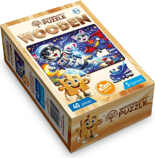 Puzzle en bois Wooden City Super chats dans l’espace, 40 pièces