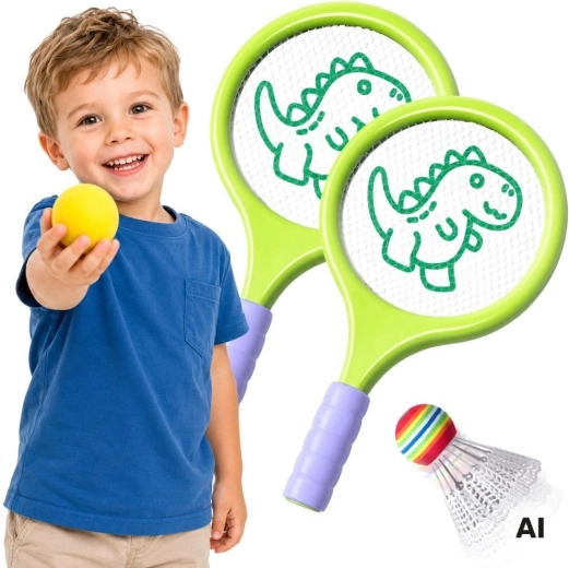 Ensemble de badminton Woopie avec raquettes, balle en mousse et volant dinosaure