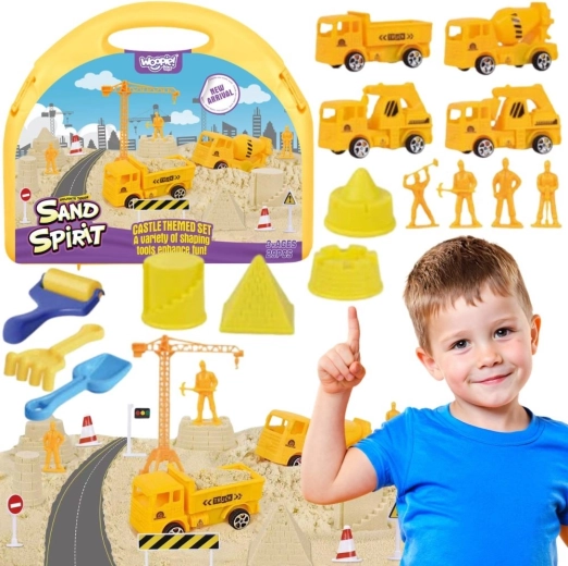 Woopie sable cinétique magique – chantier avec grue et petites voitures dans une valise 2en1