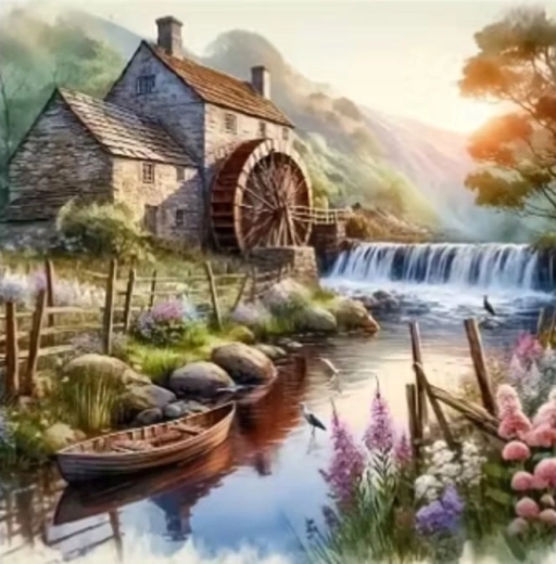 Peinture diamant Norimpex moulin sur la rivière avec bateau 30 × 40 cm