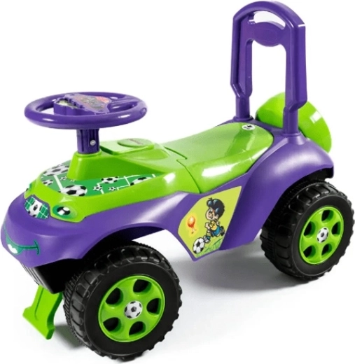 Porteur Doloni en forme de petite voiture au design football bleu-vert