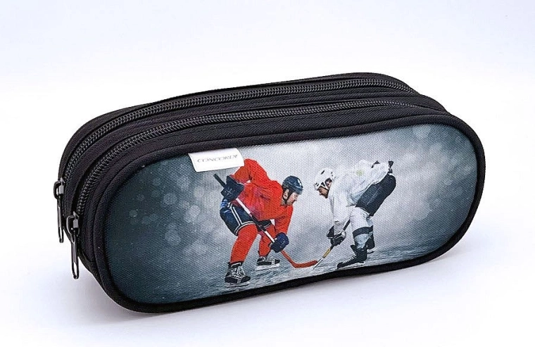 Trousse avec motif de hockey sur glace, 2 fermetures Éclair, gris
