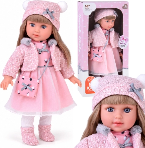 Poupée de 43 cm aux cheveux longs, vêtue d’une robe rose et d’un petit manteau