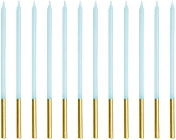 Longue bougie d’anniversaire bleu clair avec finition dorée 14 cm - 1 pièce