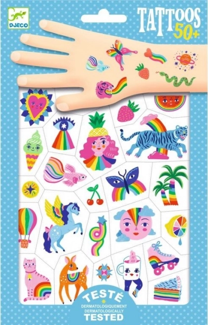 DJECO tatouages temporaires arc-en-ciel pour enfants, 2 planches (50+ motifs)