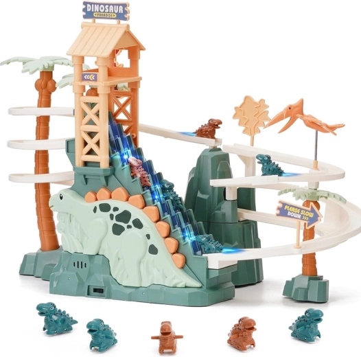 Circuit de dinosaures interactif avec toboggan, escalier mobile, lumières et musique