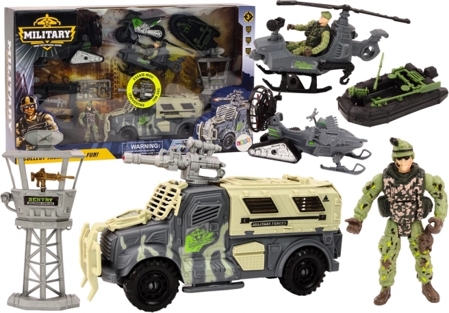 Ensemble militaire avec véhicule de combat et hélicoptère