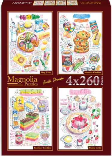 Puzzle Magnolia : kouglof, biscuits fantômes, biscuits arc-en-ciel et panna cotta 4×260 pièces