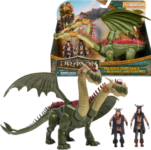 Dragons, set de figurines du dragon à deux têtes Krokmou et des cavaliers Rustik et Kognedur - 3 pièces