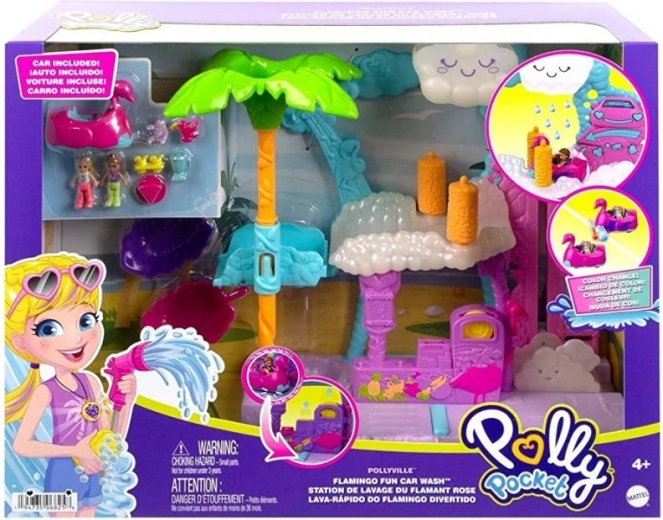 Polly Pocket Station de lavage flamant rose – set de jeu avec voiture changeant de couleur