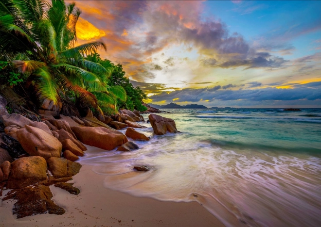 Profitez du puzzle Plages des Seychelles au coucher du soleil 1000 pièces