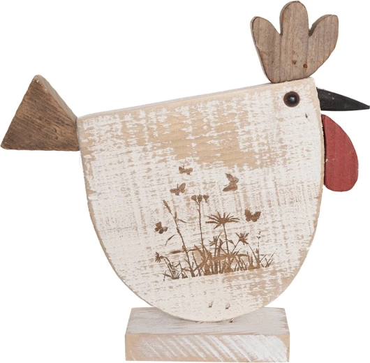 Décoration en bois Poule avec motif floral beige