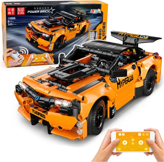 Voiture de sport RC télécommandée à construire en briques de construction, orange (545 pièces)