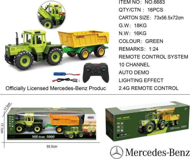 Tracteur Mercedes-Benz vert radiocommandé avec remorque jaune à l'échelle 1:24
