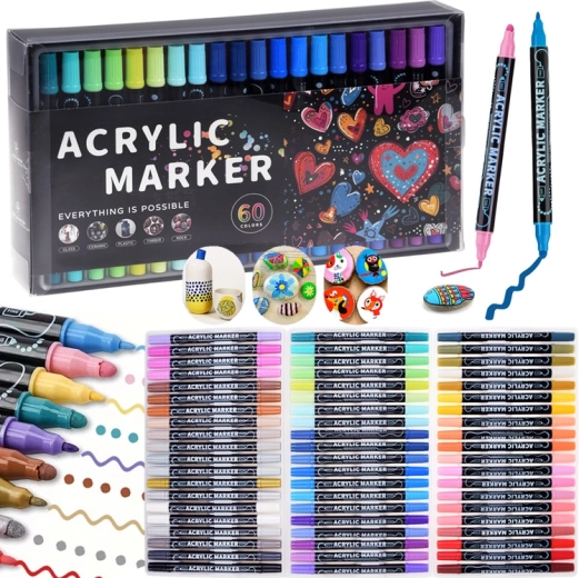 Marqueurs acryliques double pointe imperméables – 60 couleurs
