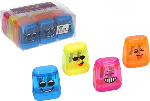Taille-crayon double avec réservoir – smiley, transparent