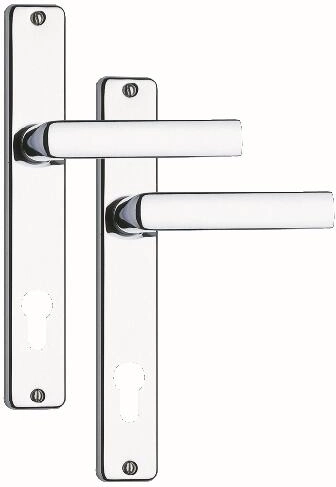 Poignée de porte avec plaque 90 mm pour cylindre, chrome satiné/inox