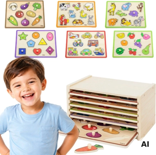 VIGA puzzles d’encastrement en bois avec poignées et support (6 planches)