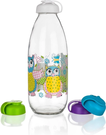 Bouteille à lait 1 l avec couvercle – motif Hiboux, verre