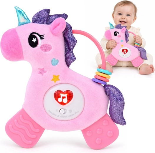 Jouet interactif à suspendre pour bébé licorne avec anneau de dentition et 12 mélodies