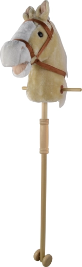 Cheval beige à bâton avec sons et roulettes, tige en bois amovible (95 cm)