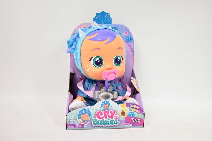 Poupée interactive Cry Babies Fantasy Tina – tricératops bleu