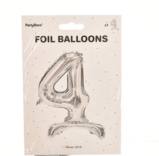 Ballon en aluminium autoportant chiffre 4 argenté 70 cm