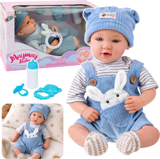 Bébé interactif en tenue bleue avec lapin, sons, 39 cm