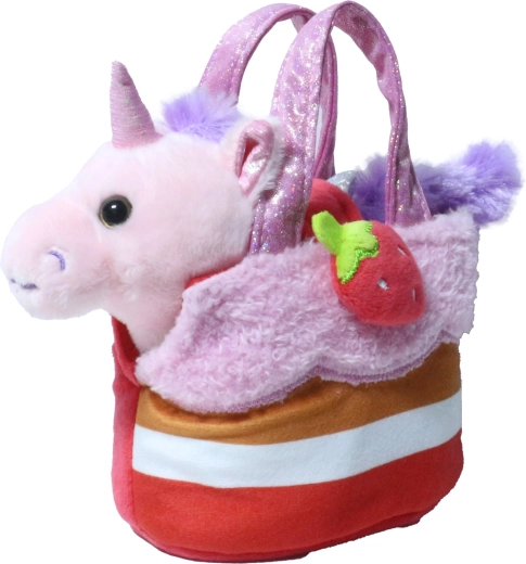 Licorne rose en peluche dans un sac à main en forme de fraise