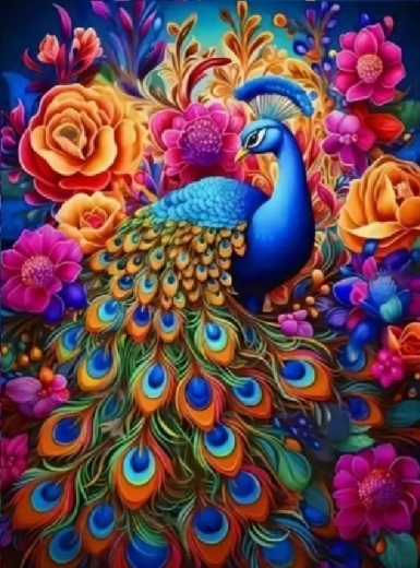 Peinture diamant paon avec fleurs colorées 30 × 40 cm
