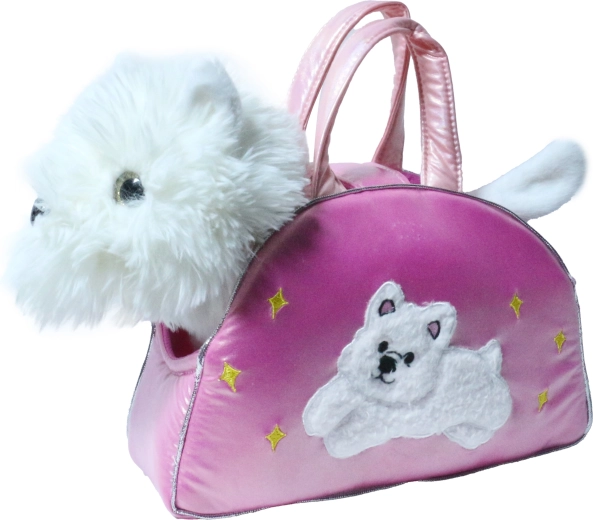 Petit chien en peluche dans un sac à main en satin de 27 cm
