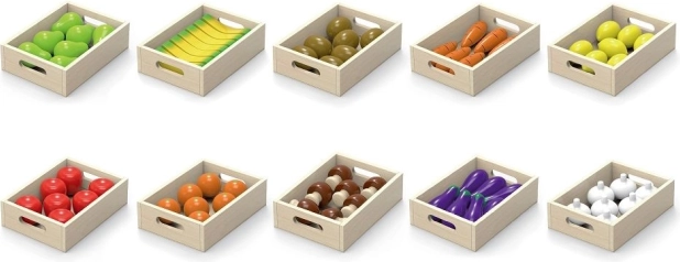 Fruits et légumes en bois dans des boîtes Viga