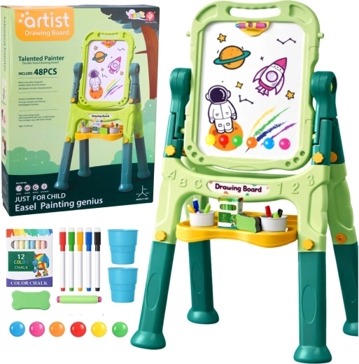 Tableau pour enfants recto-verso magnétique et à craie sur pied, 48 pièces