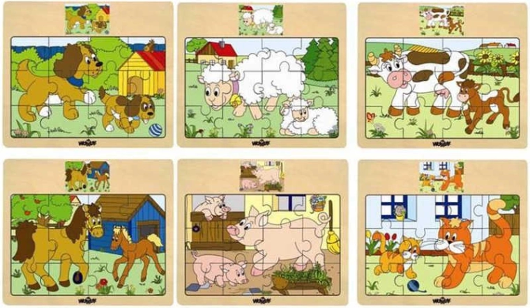 Puzzle en bois Woody sur planche – animaux domestiques avec leurs petits - 1 pièce