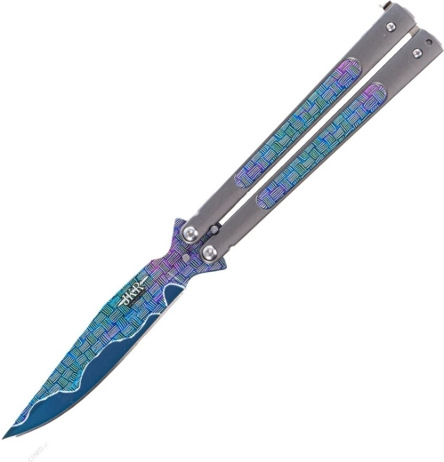 Couteau papillon pliant JOKER Butterfly, lame 10,8 cm, tout métal, décor arc-en-ciel