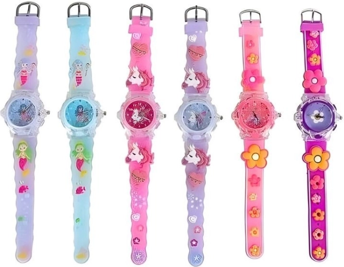 Montre analogique pour fille avec lumière, motifs variés