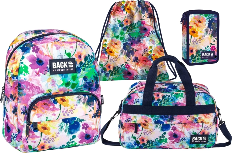 Set scolaire avantageux BackUP Spring Flowers 4 en 1 – sac à dos, trousse équipée, sac à cordons et sac de sport