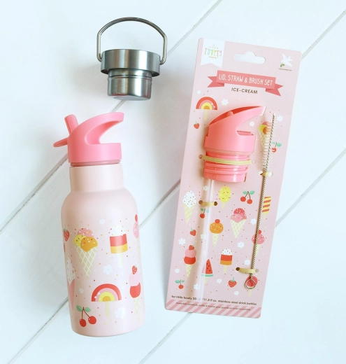 A Little Lovely Company set de bouchon, goupillon et paille pour bouteille isotherme 350 ml – Glace