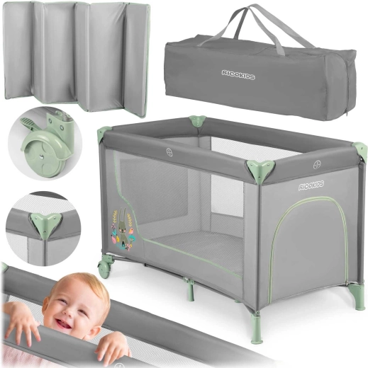 Lit bébé de voyage Kikkids gris-menthe 125 × 65 × 78 cm avec matelas et sac